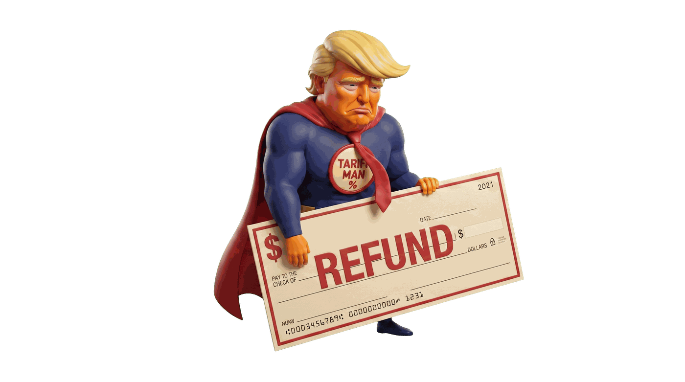 Tariff Man hands over the refund check